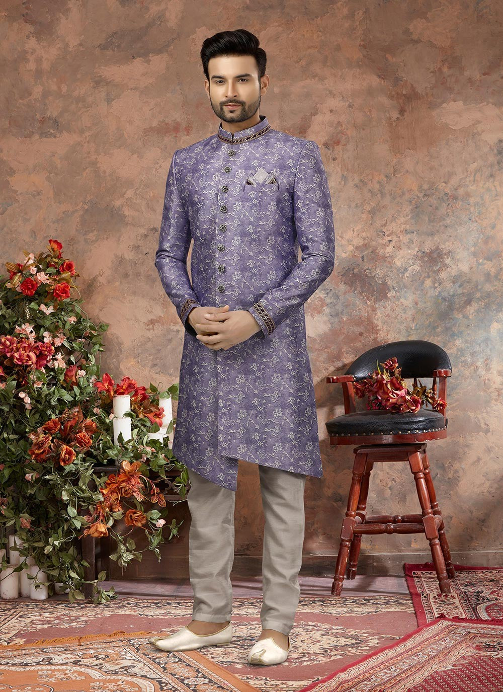 Digital Print Jacquard Violet Indo Western Sherwani - M2877