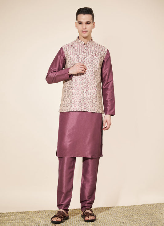 Jacquard Work Pure Silk Violet Kurta Payjama With Jacket - M8029