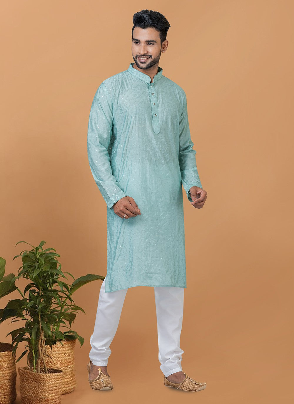 Embroidered Cotton , Viscose Aqua Blue Kurta Pyjama - M6262