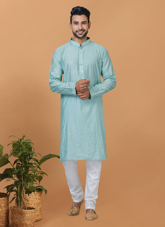 Embroidered Cotton , Viscose Aqua Blue Kurta Pyjama - M6262