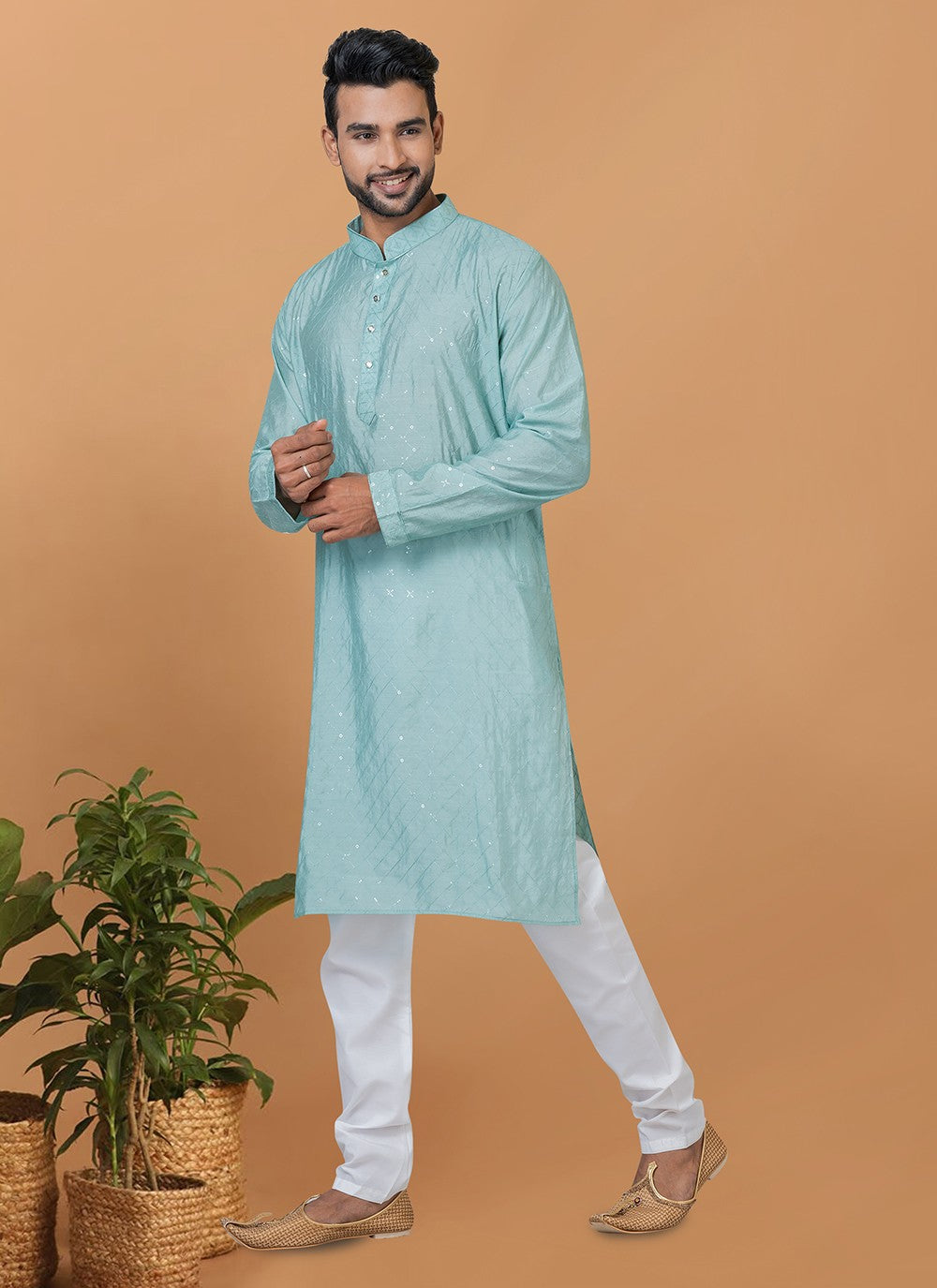 Embroidered Cotton , Viscose Aqua Blue Kurta Pyjama - M6262