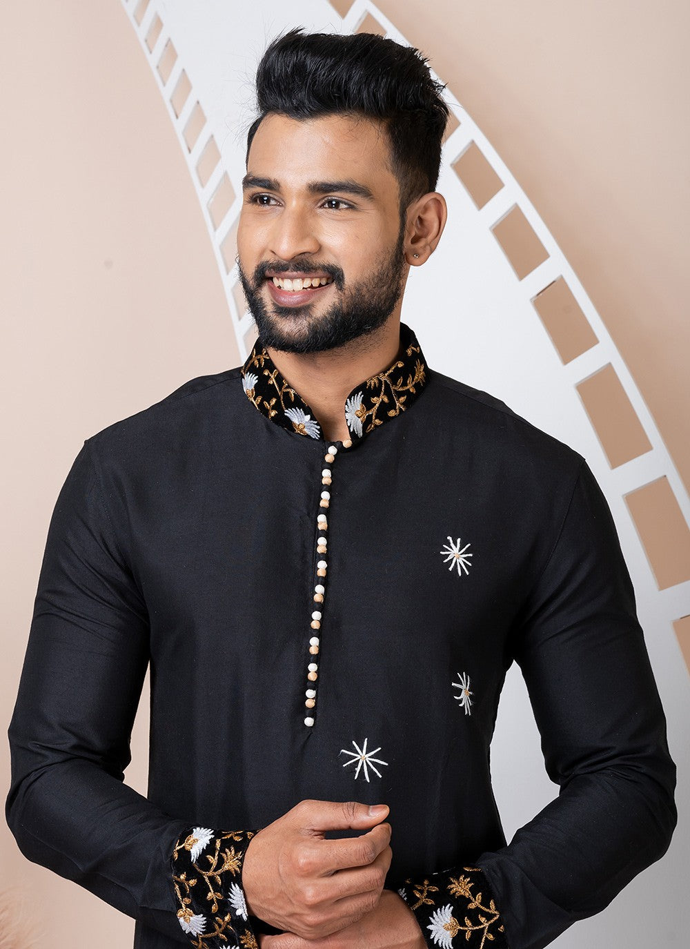 Buttons Viscose Black Kurta Pyjama - M8561