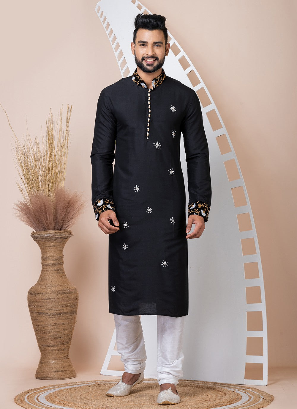 Buttons Viscose Black Kurta Pyjama - M8561