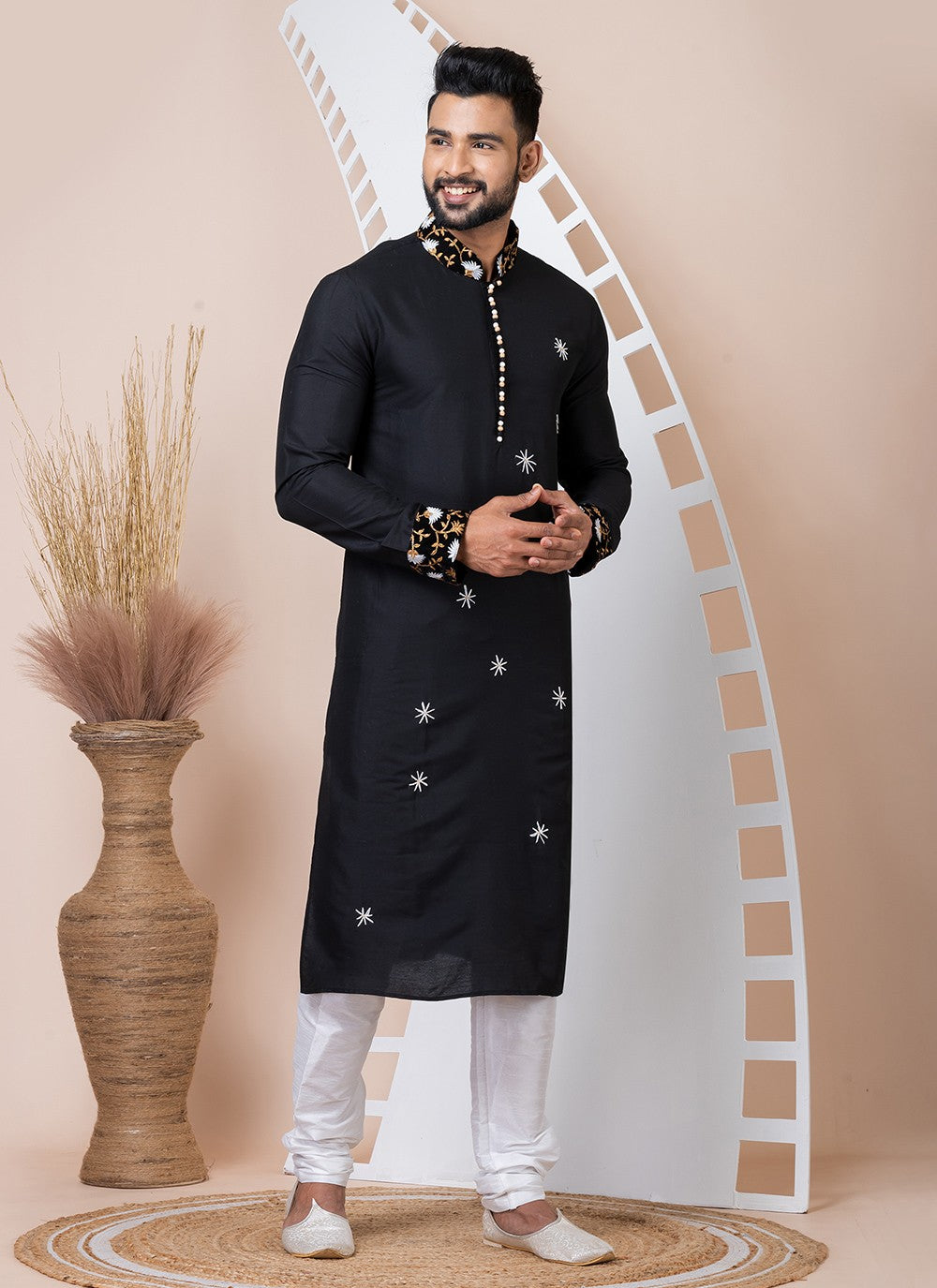 Buttons Viscose Black Kurta Pyjama - M8561