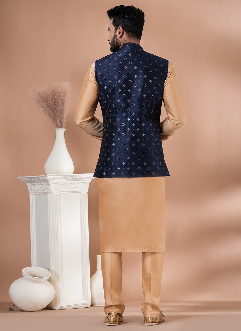 Plain Dupion Silk, Viscose Brown, Navy Blue Kurta Payjama With Jacket - M7735