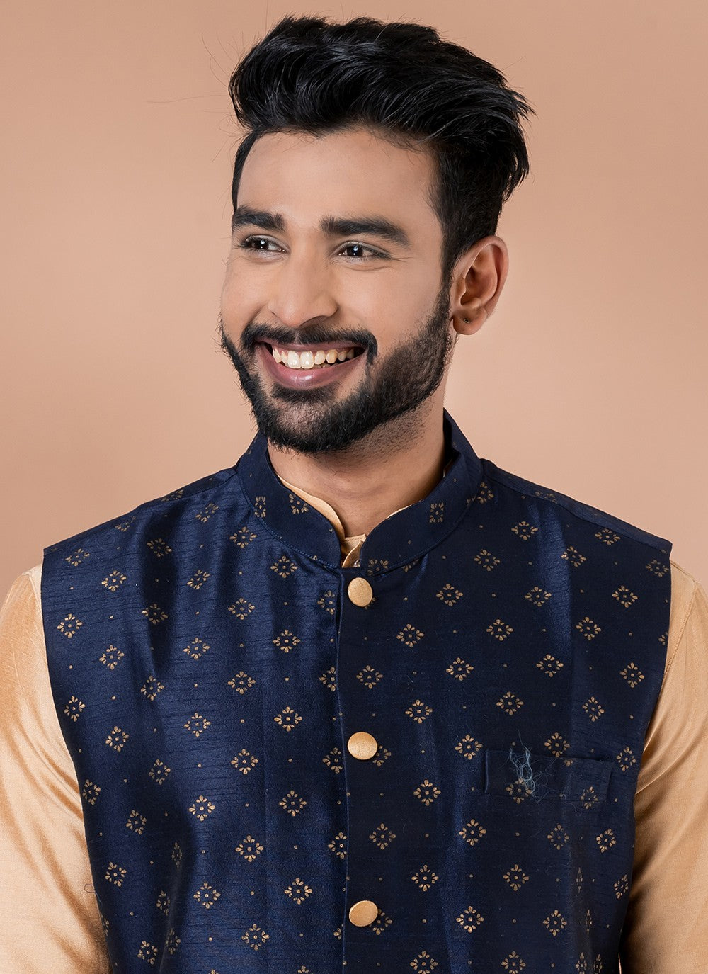 Plain Dupion Silk, Viscose Brown, Navy Blue Kurta Payjama With Jacket - M7735