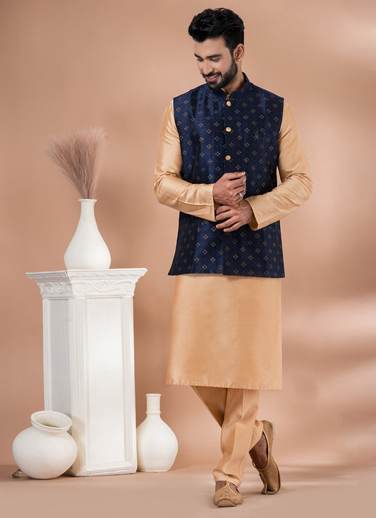 Plain Dupion Silk, Viscose Brown, Navy Blue Kurta Payjama With Jacket - M7735