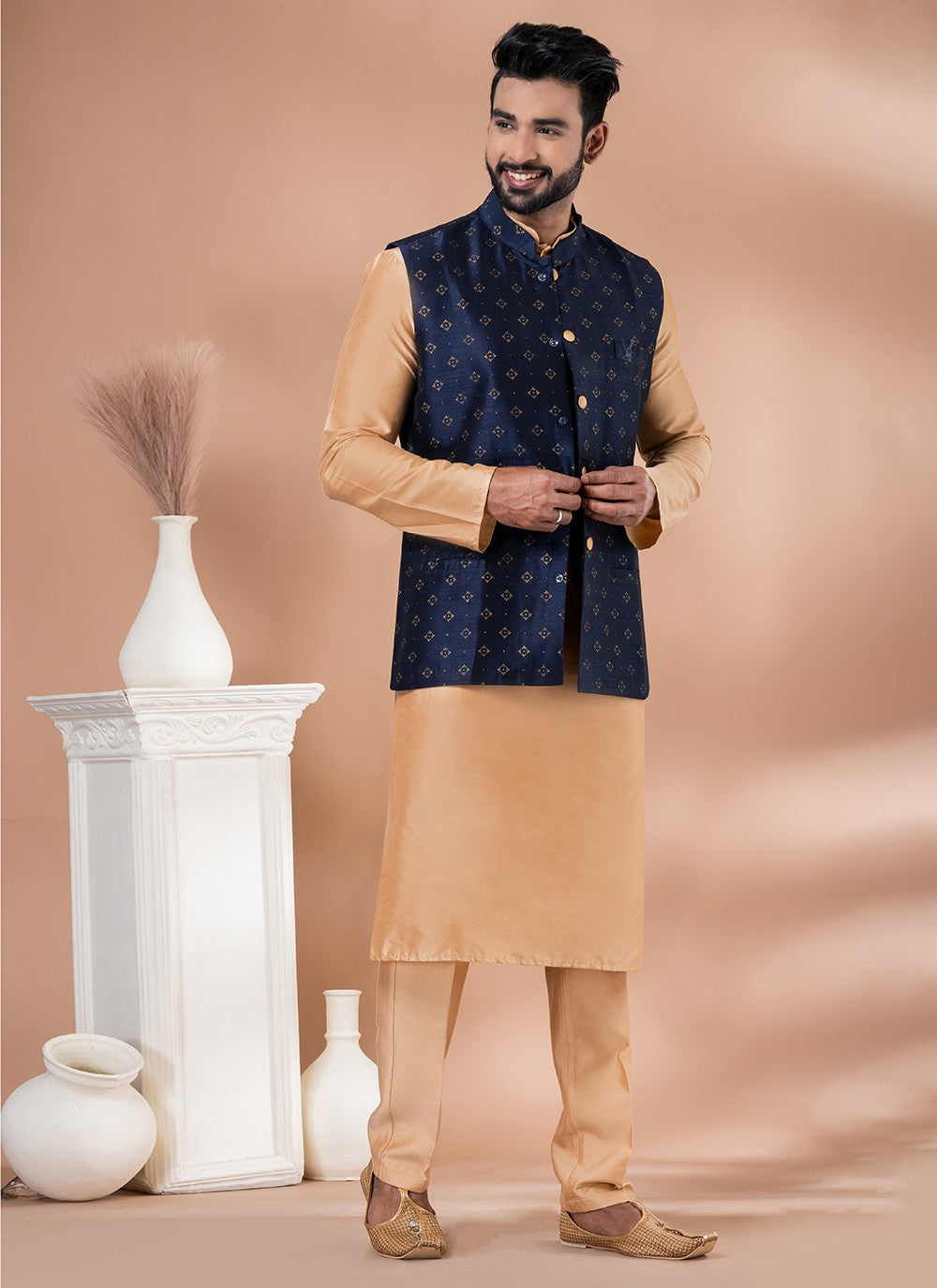 Plain Dupion Silk, Viscose Brown, Navy Blue Kurta Payjama With Jacket - M7735