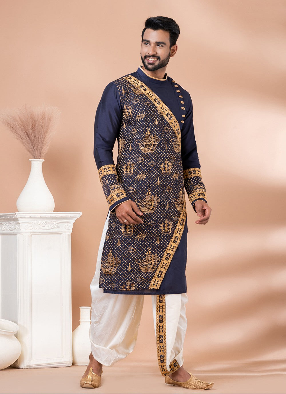 Embroidered Viscose Navy Blue Dhoti Kurta - M8293