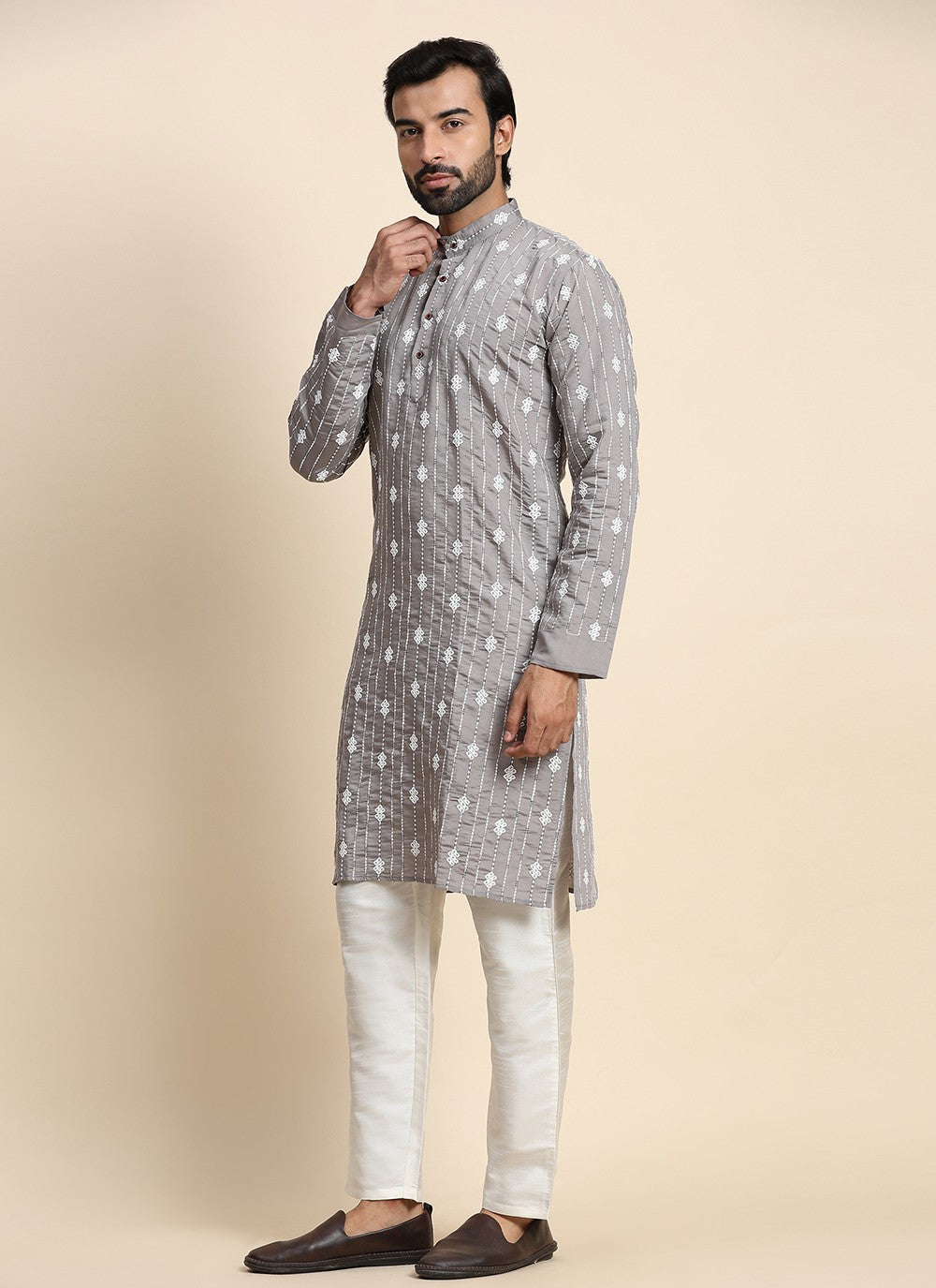 Embroidered Rayon, Viscose Grey Kurta Pyjama - M8446