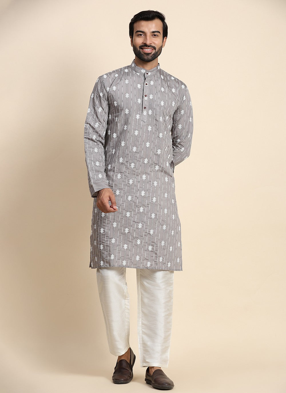 Embroidered Rayon, Viscose Grey Kurta Pyjama - M8446