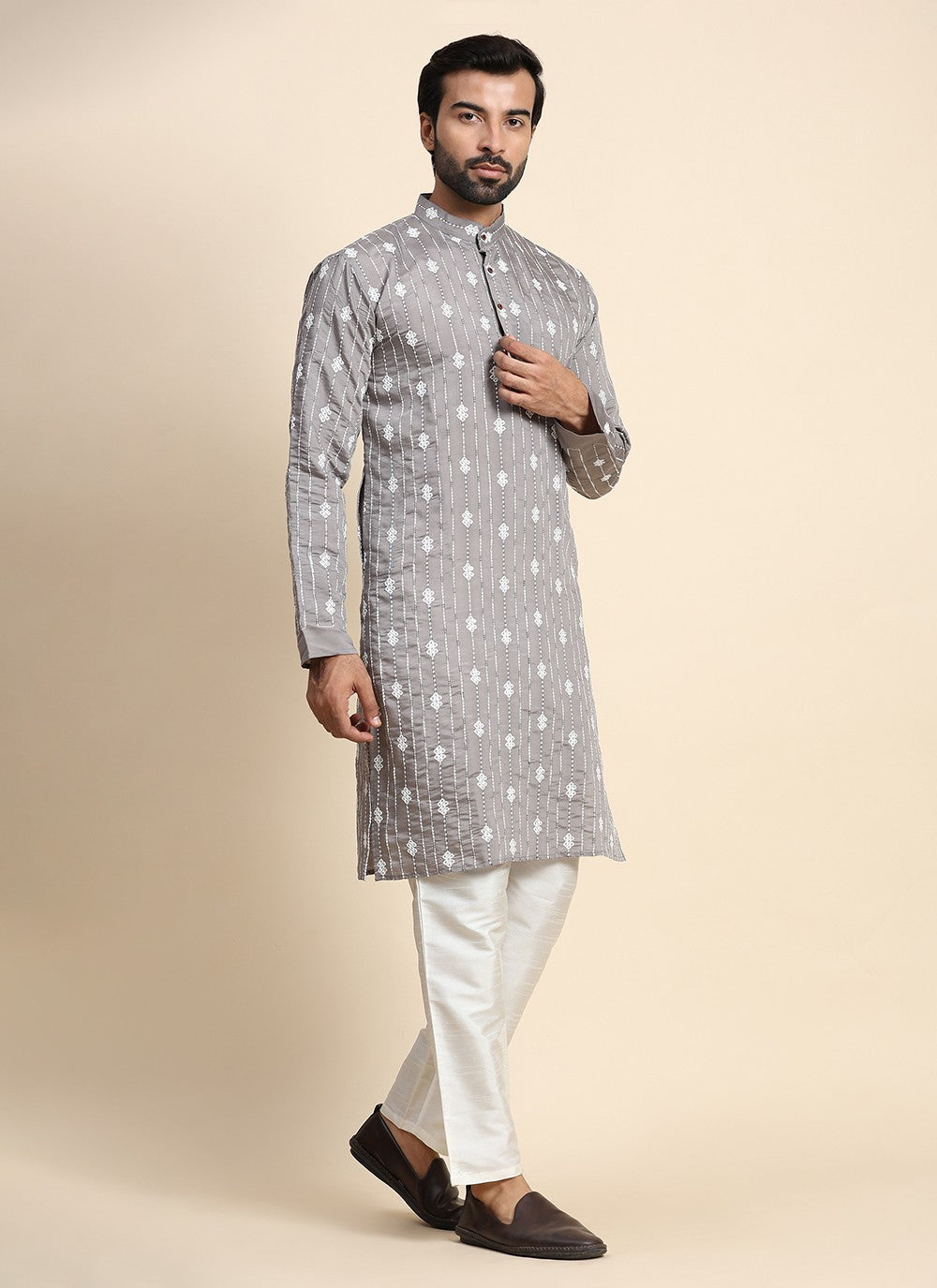 Embroidered Rayon, Viscose Grey Kurta Pyjama - M8446