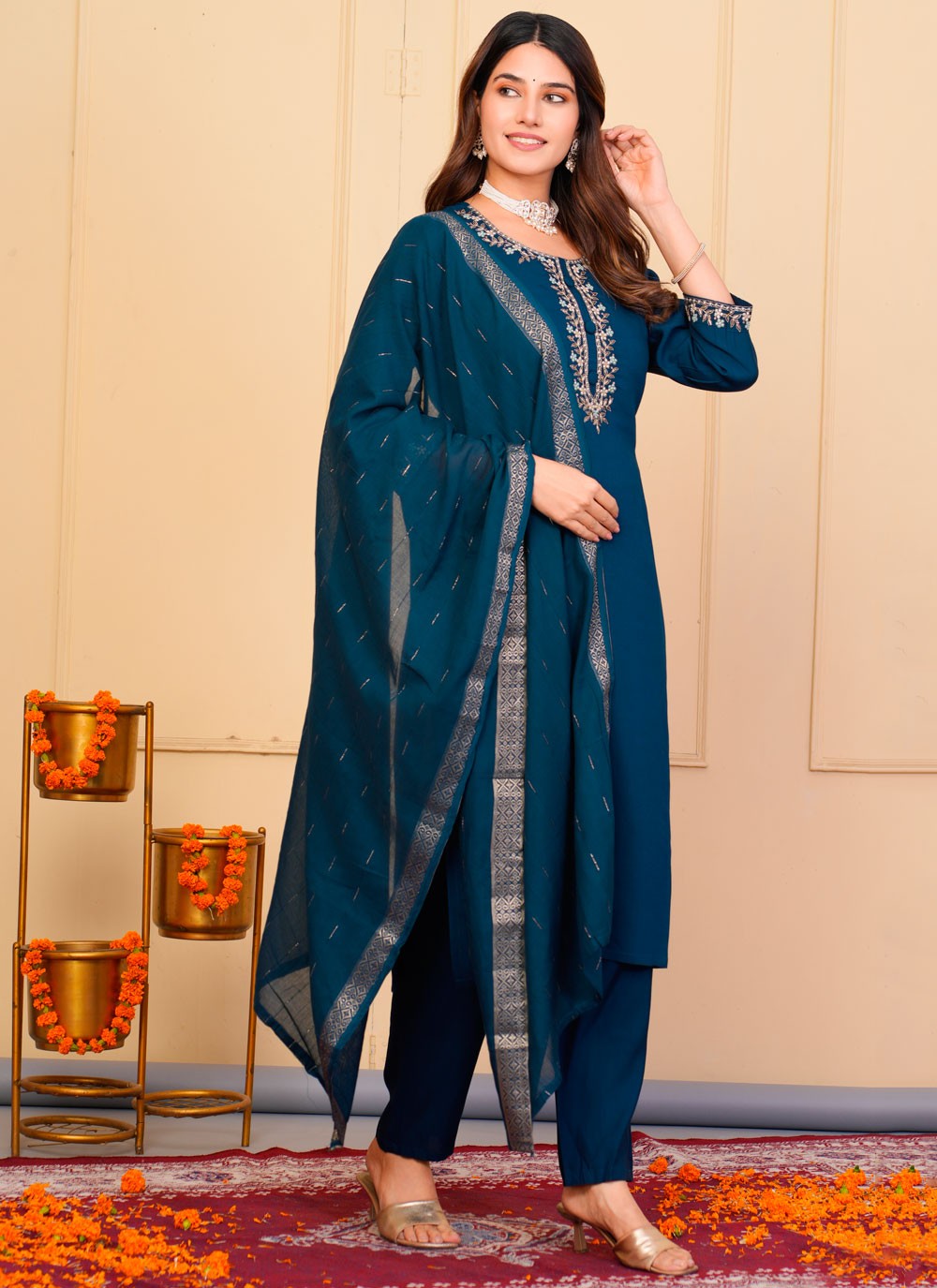 Embroidered Chanderi Pant Style Suit - T4854