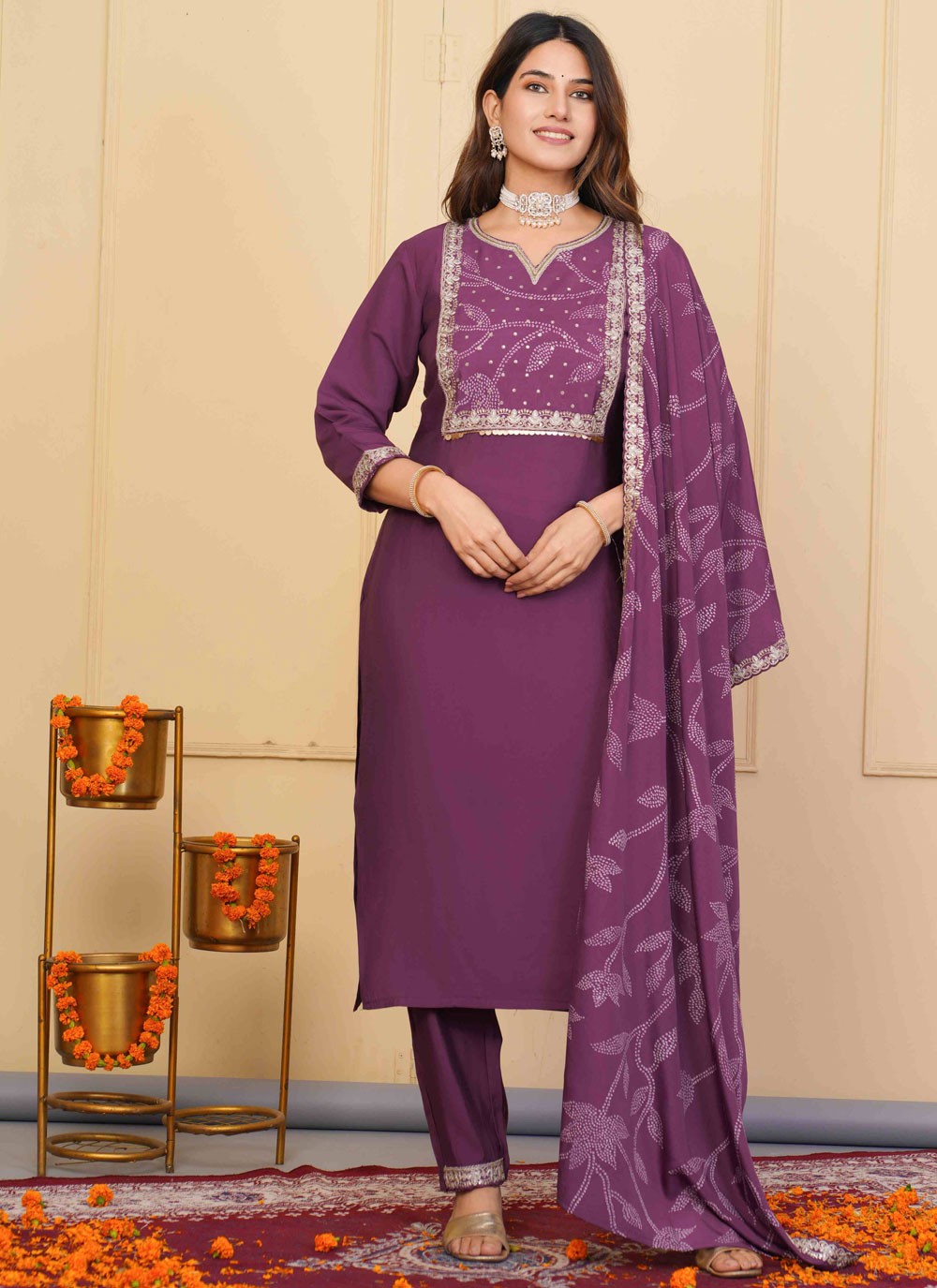 Embroidered Chanderi Pant Style Suit - T4854