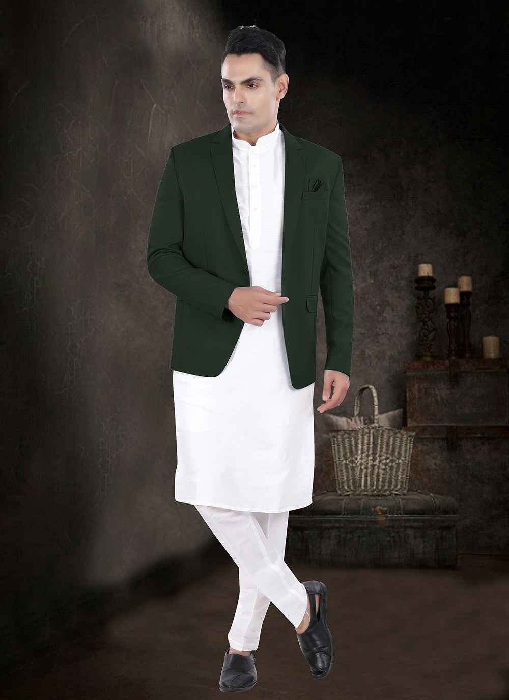 Plain Silk, Viscose Green, Off White Kurta Payjama With Jacket - M8179