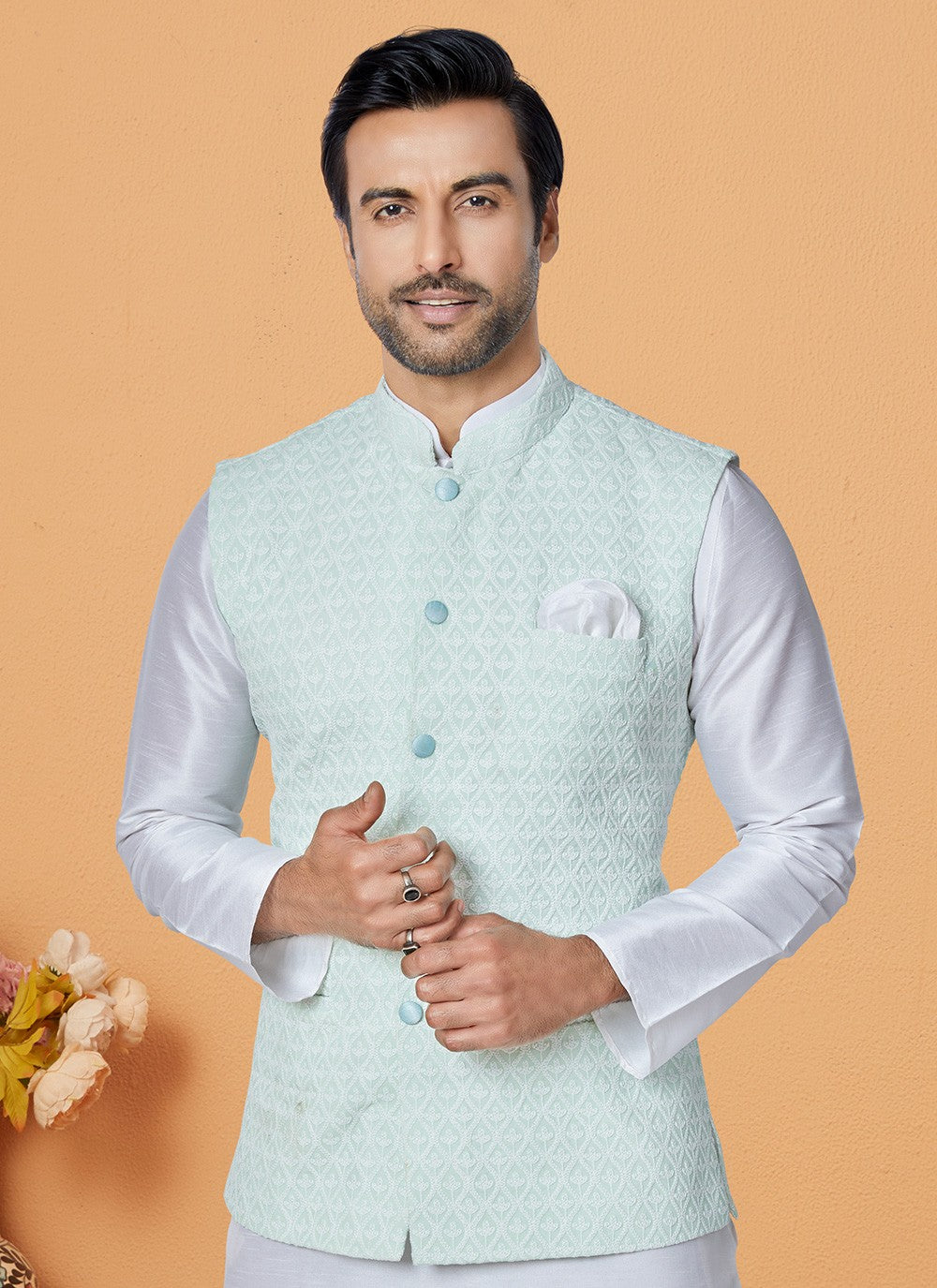 Resham Thread Work Dupion Silk, Viscose Green, Off White Kurta Payjama With Jacket - M5481