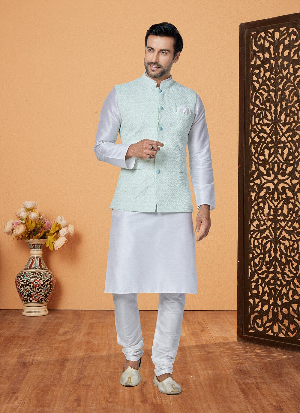 Resham Thread Work Dupion Silk, Viscose Green, Off White Kurta Payjama With Jacket - M5481