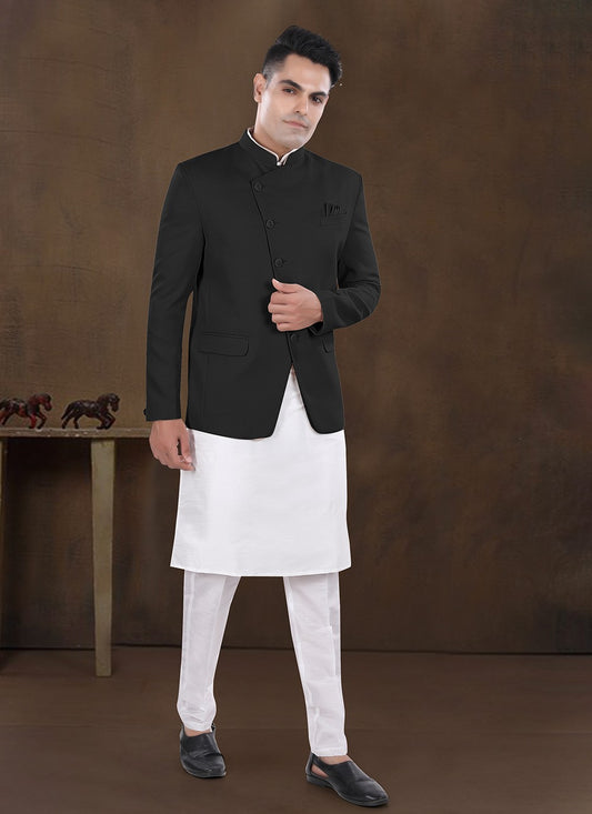 Plain Silk, Viscose Black Kurta Payjama With Jacket - M8191