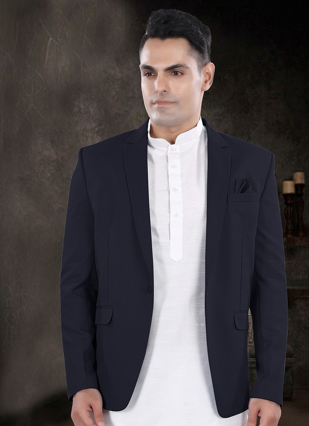 Plain Silk, Viscose Navy Blue, Off White Kurta Payjama With Jacket - M8155