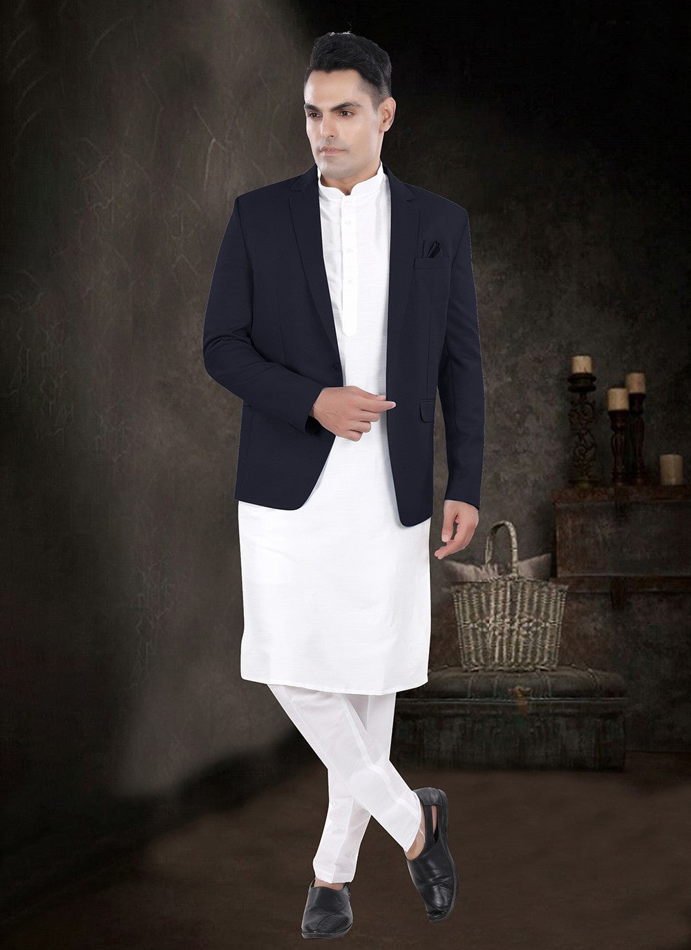 Plain Silk, Viscose Navy Blue, Off White Kurta Payjama With Jacket - M8155