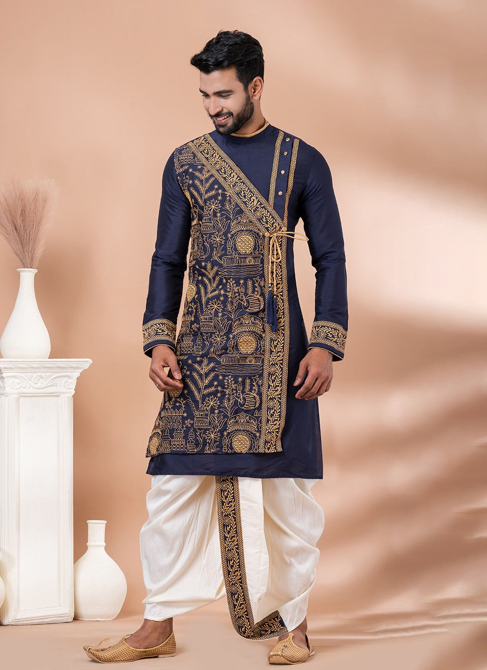 Embroidered Viscose Navy Blue Dhoti Kurta - M8295