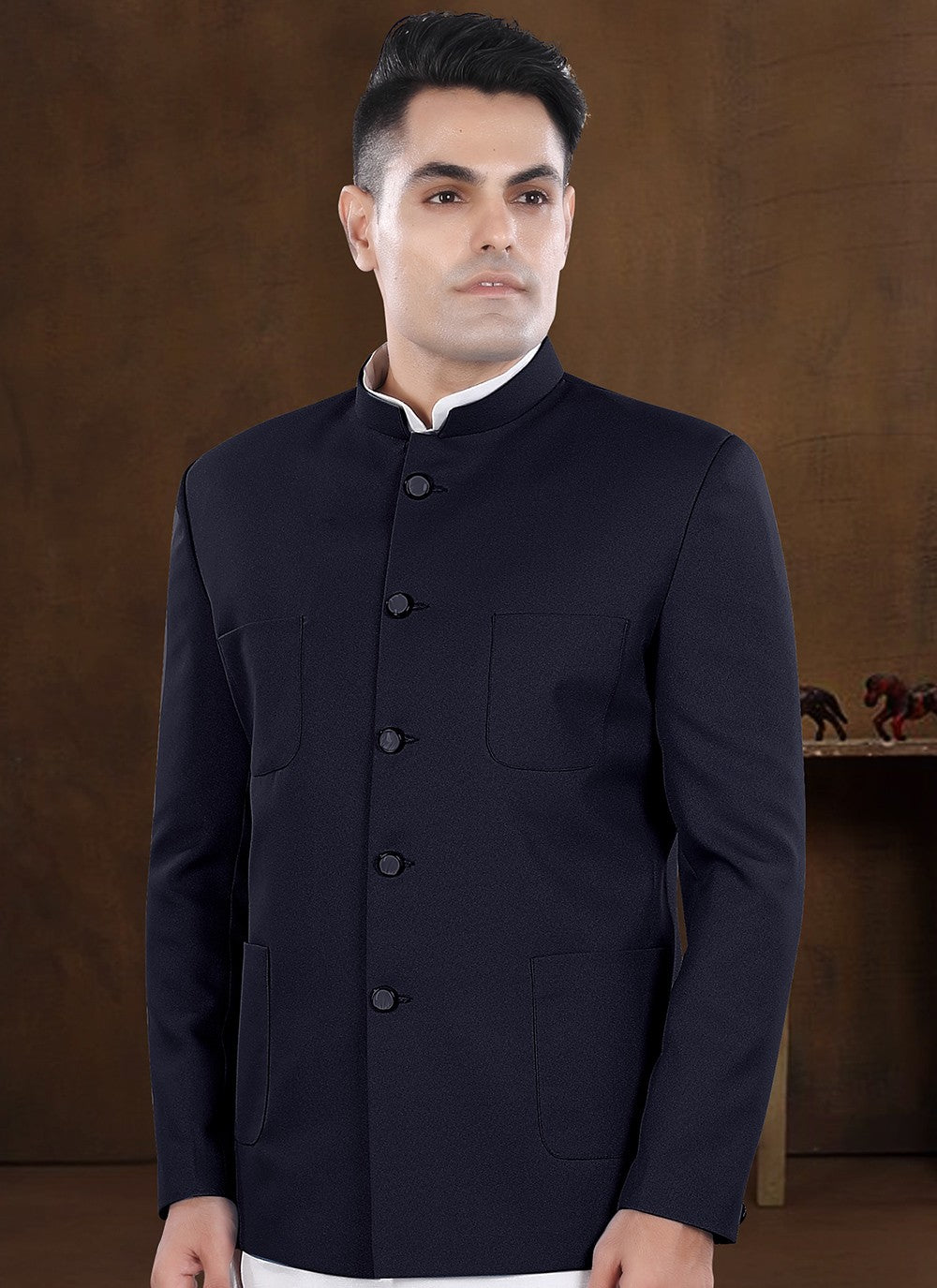 Plain Silk, Viscose Navy Blue Kurta Payjama With Jacket - M8194