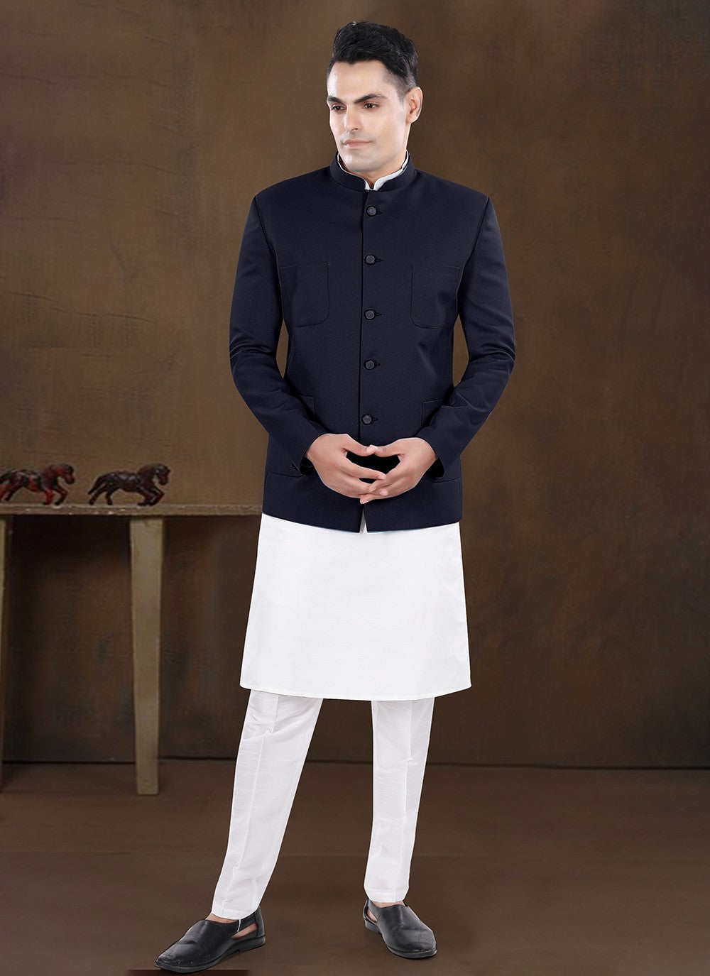 Plain Silk, Viscose Navy Blue Kurta Payjama With Jacket - M8194