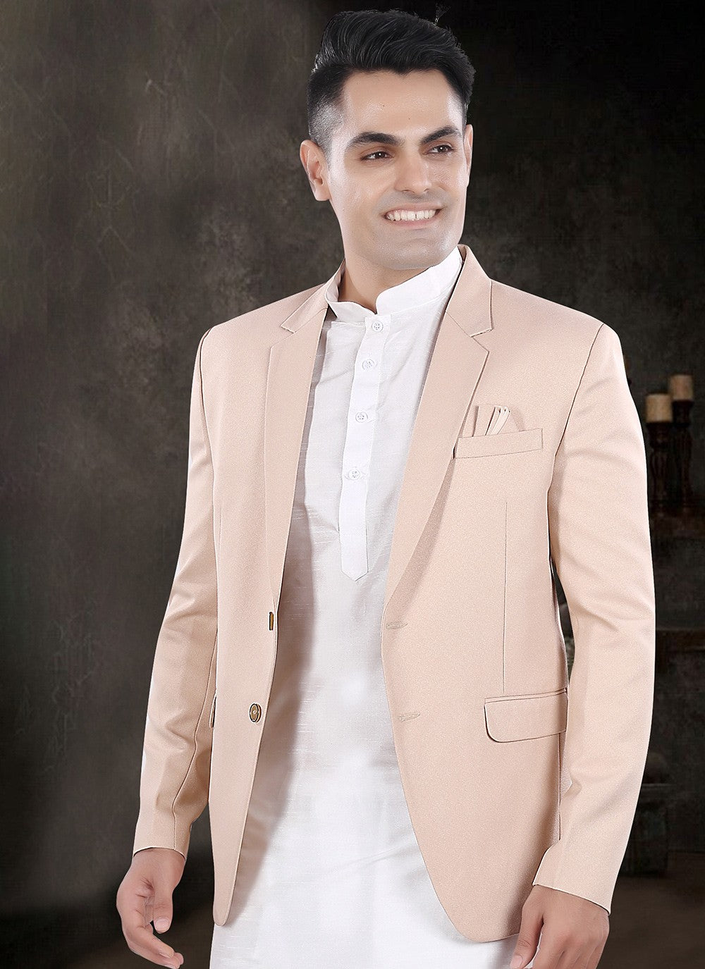 Plain Silk, Viscose Off White, Peach Kurta Payjama With Jacket - M8175