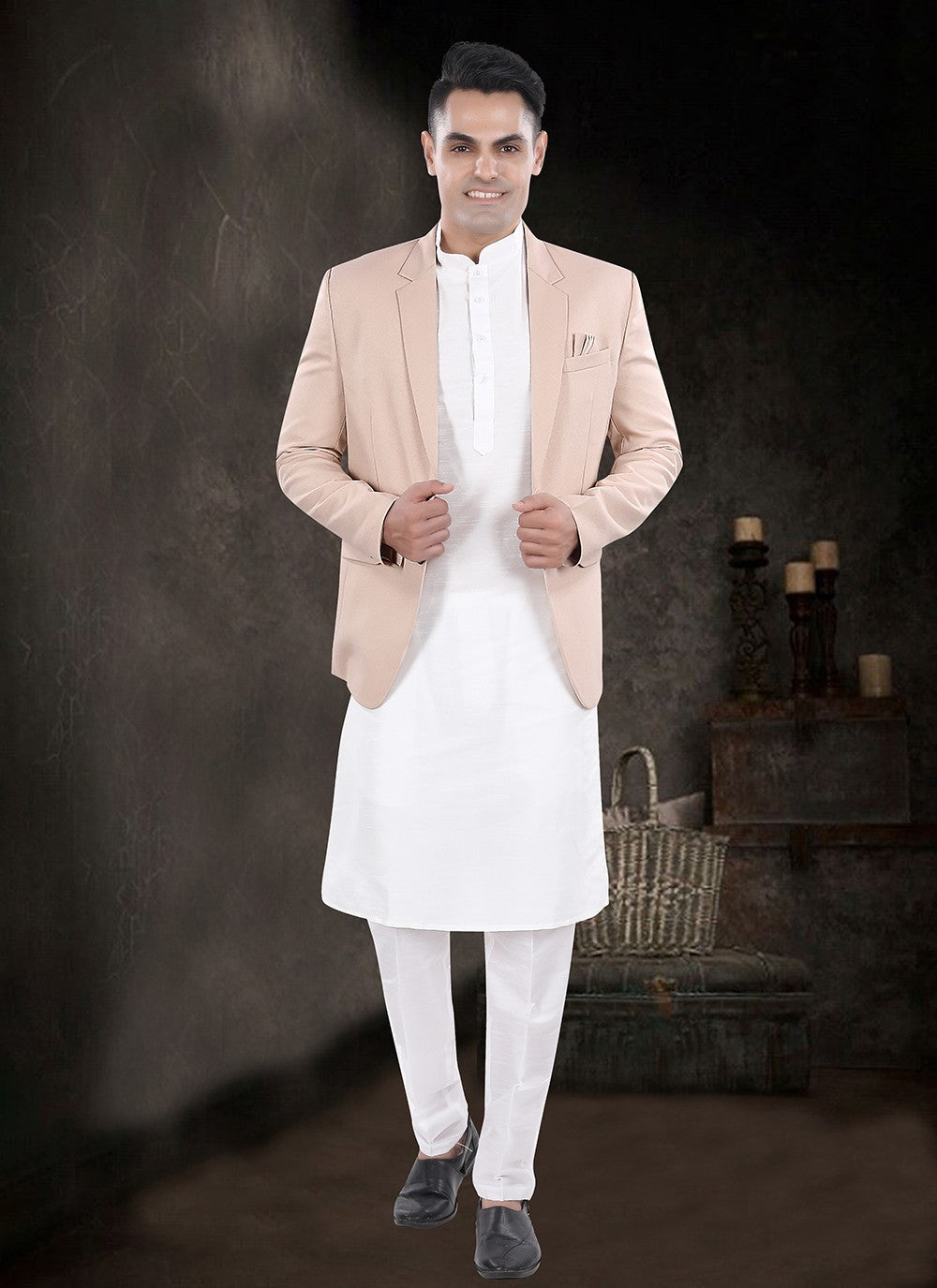 Plain Silk, Viscose Off White, Peach Kurta Payjama With Jacket - M8175