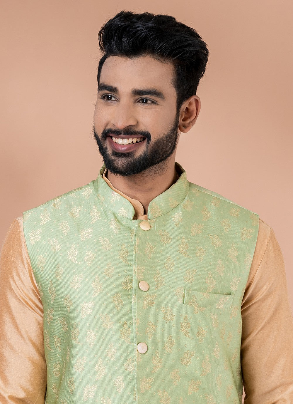 Plain Jacquard Silk, Viscose Brown, Green Kurta Payjama With Jacket - M7727