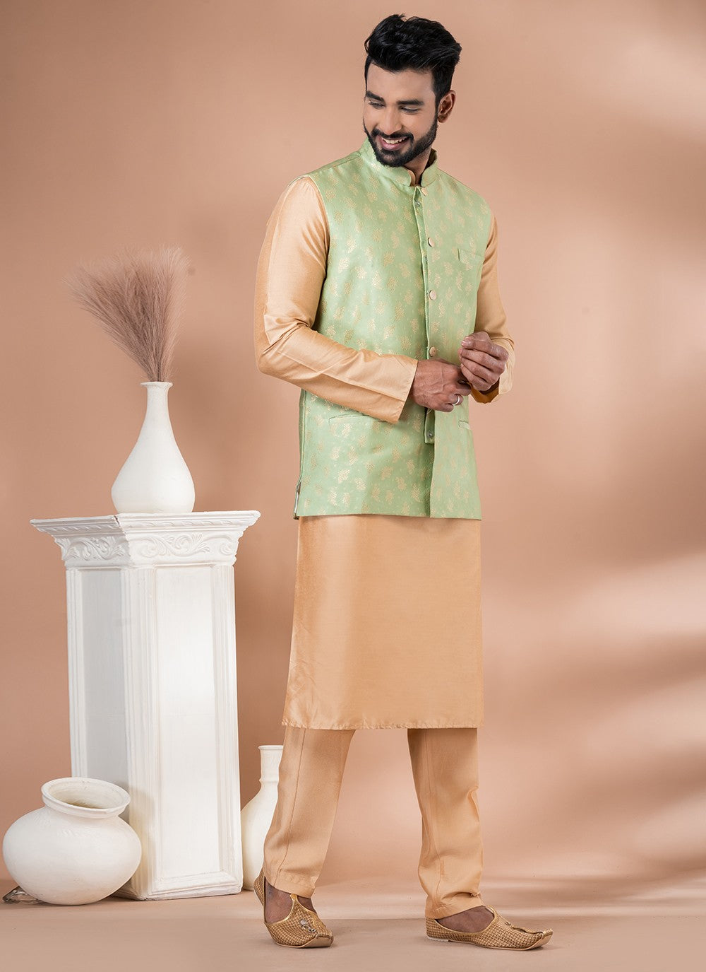 Plain Jacquard Silk, Viscose Brown, Green Kurta Payjama With Jacket - M7727