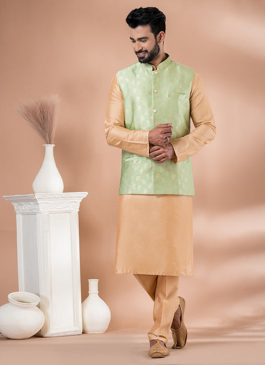 Plain Jacquard Silk, Viscose Brown, Green Kurta Payjama With Jacket - M7727