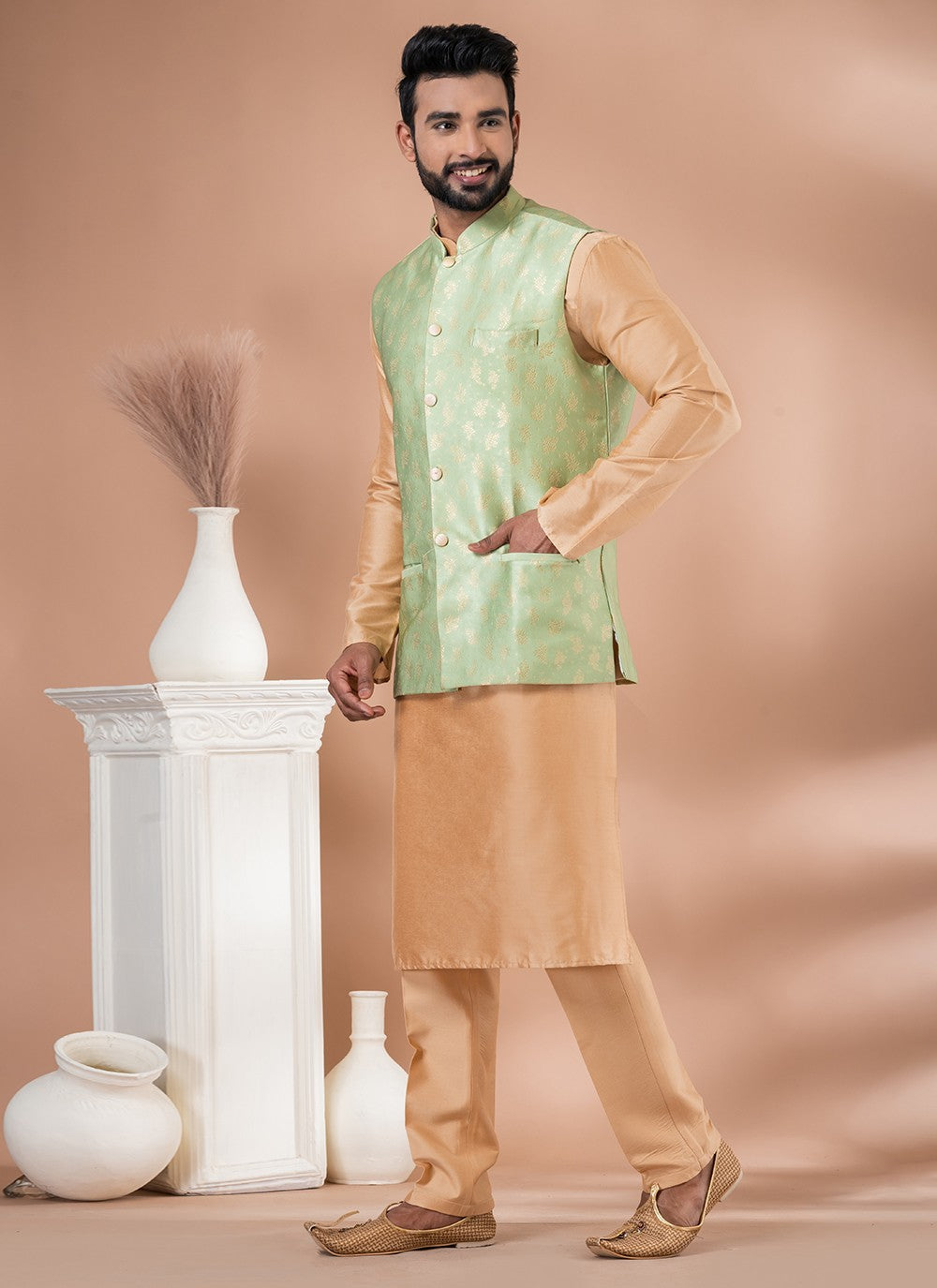 Plain Jacquard Silk, Viscose Brown, Green Kurta Payjama With Jacket - M7727