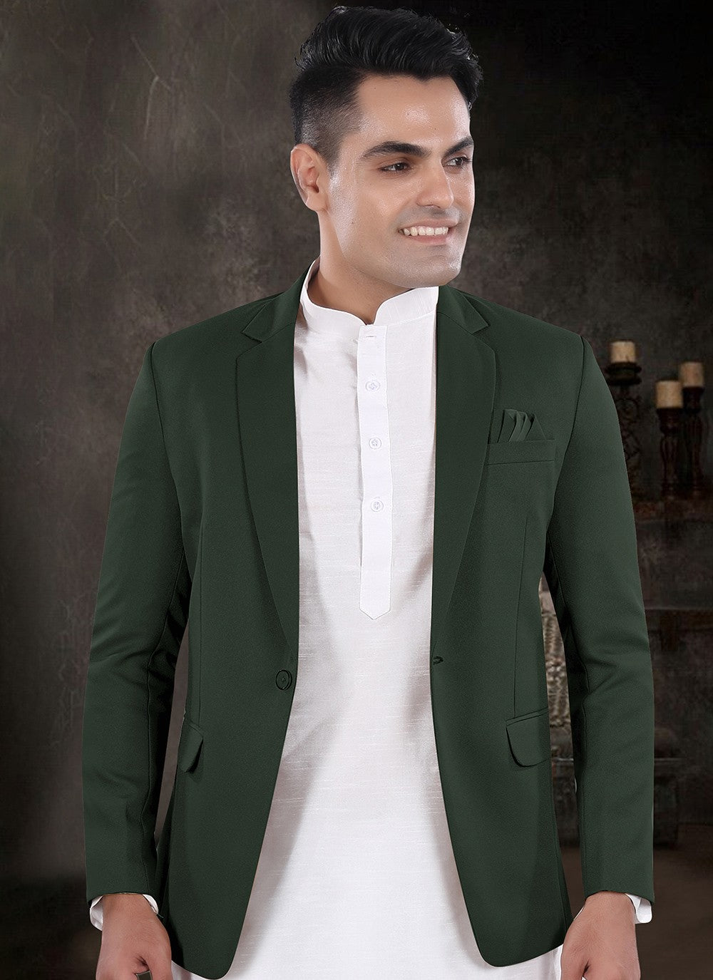 Plain Silk, Viscose Green, Off White Kurta Payjama With Jacket - M8152