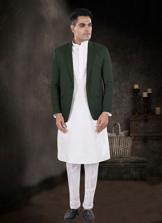 Plain Silk, Viscose Green, Off White Kurta Payjama With Jacket - M8152