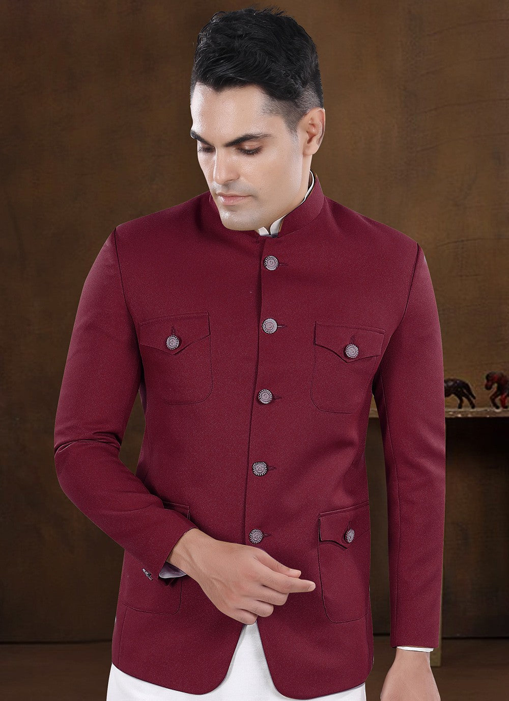 Plain Silk, Viscose Maroon Kurta Payjama With Jacket - M8220