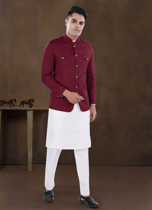 Plain Silk, Viscose Maroon Kurta Payjama With Jacket - M8220