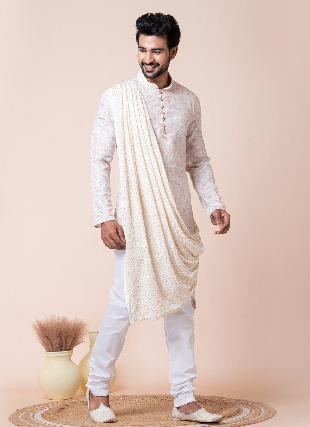 Printed Viscose Multi Colour, White Kurta Pyjama - M8590