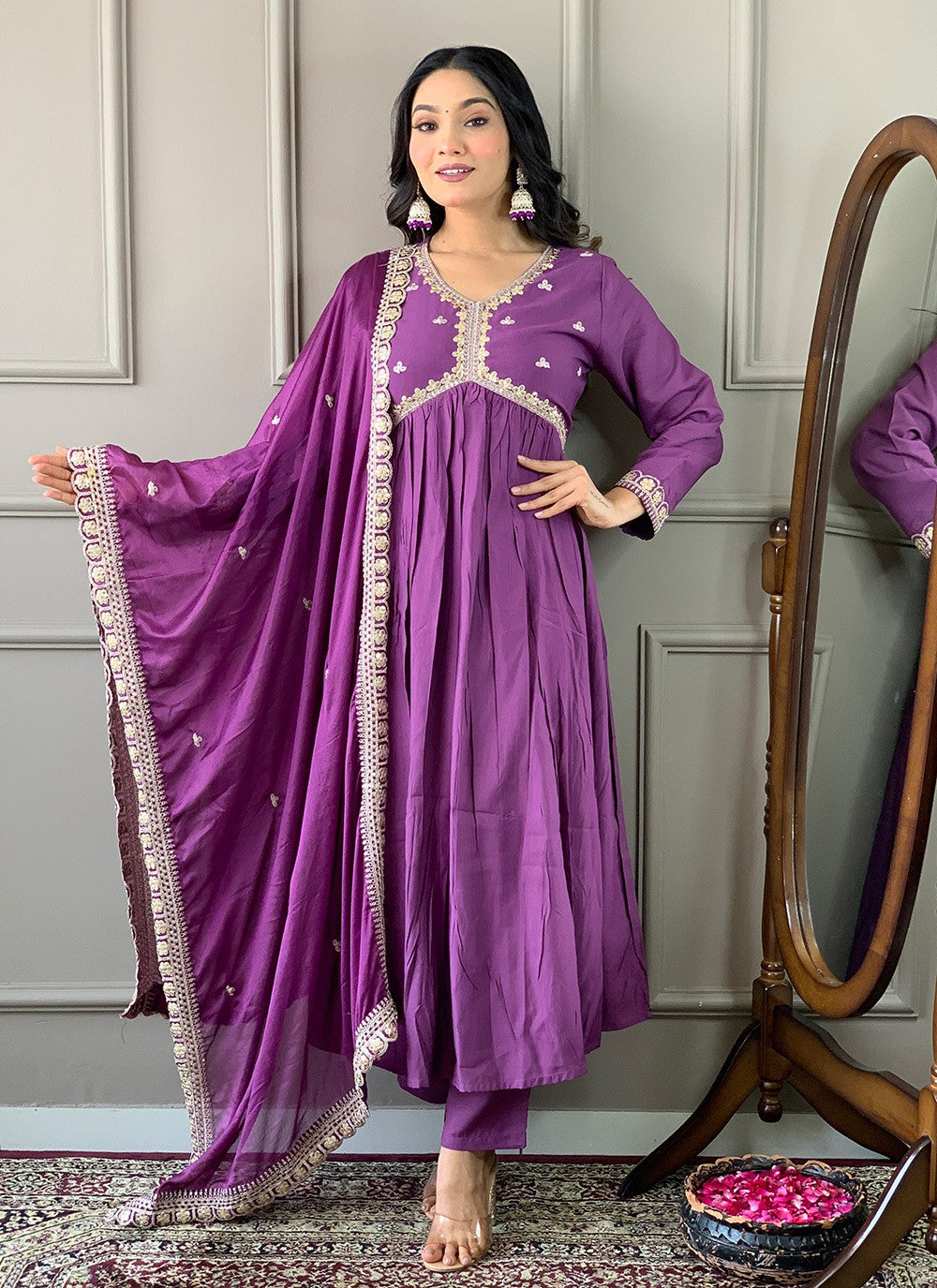 Embroidered Viscose Pant Style Suit - T4727