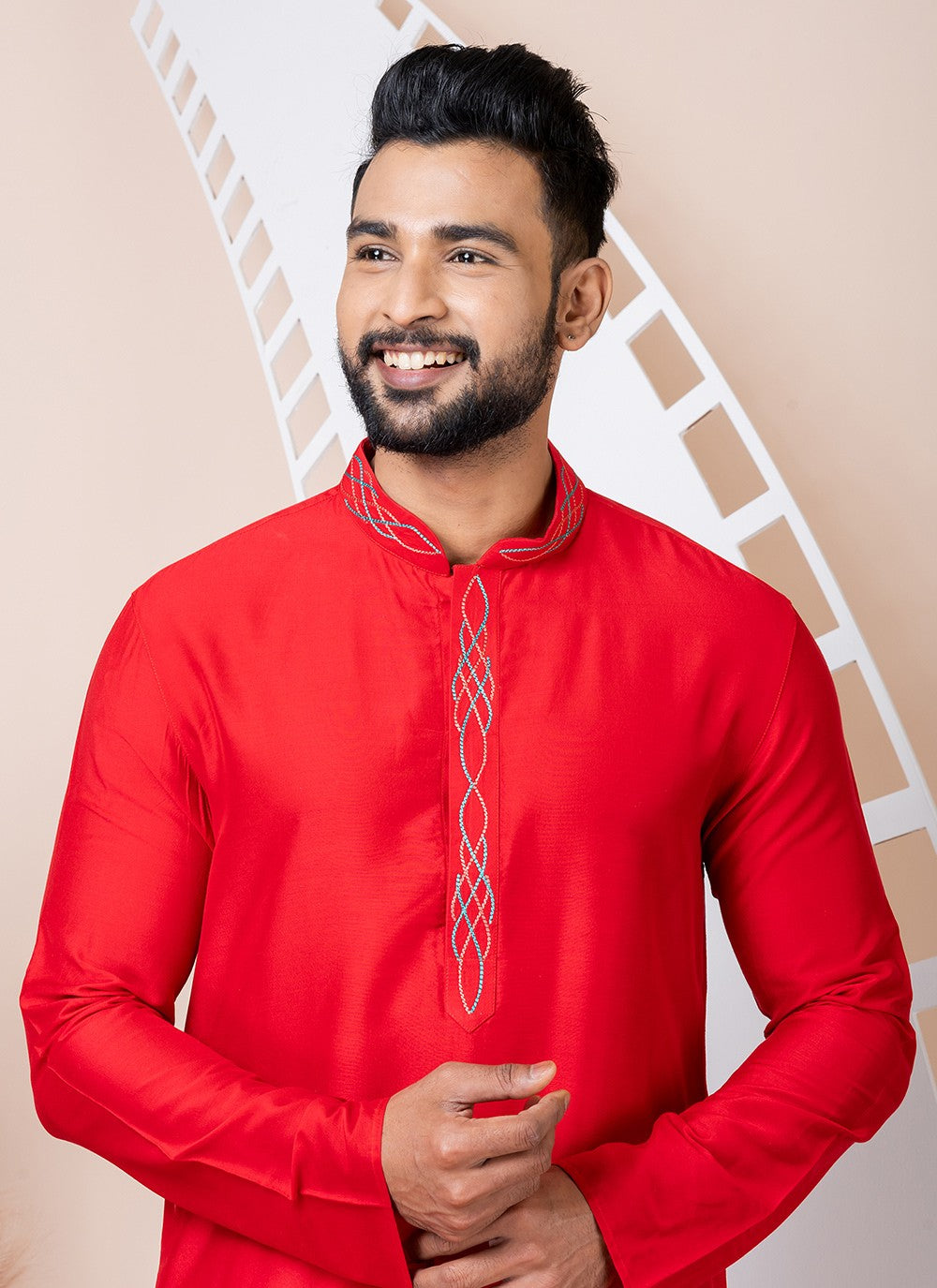 Buttons Viscose Red Kurta Pyjama - M8564