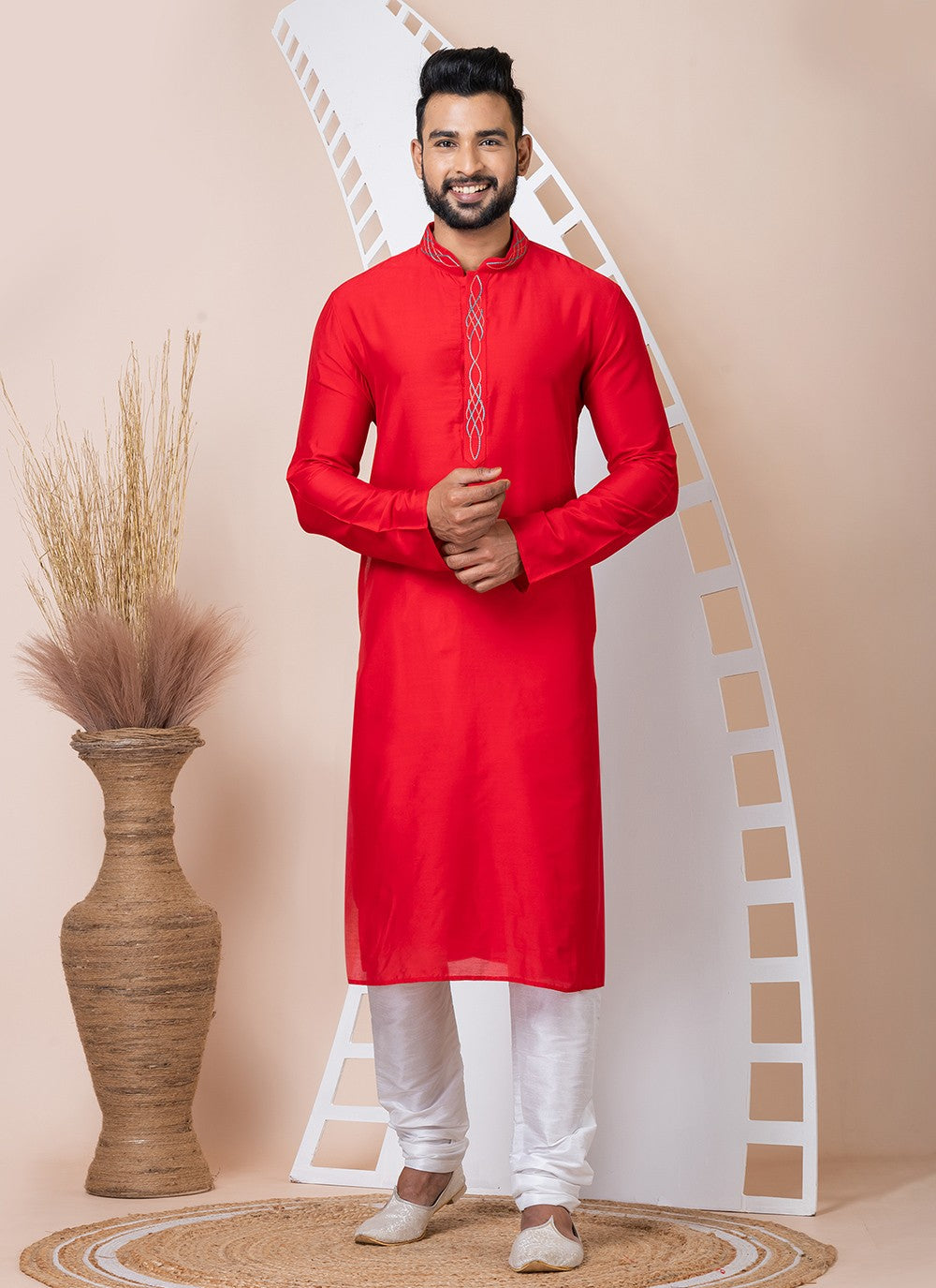 Buttons Viscose Red Kurta Pyjama - M8564