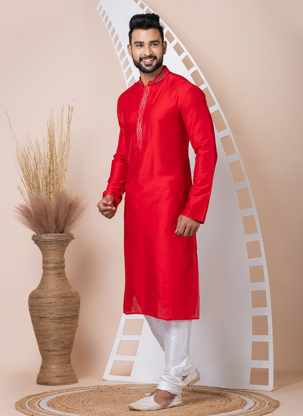 Buttons Viscose Red Kurta Pyjama - M8564