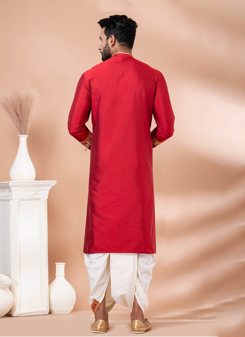 Embroidered Viscose Red Dhoti Kurta - M8290