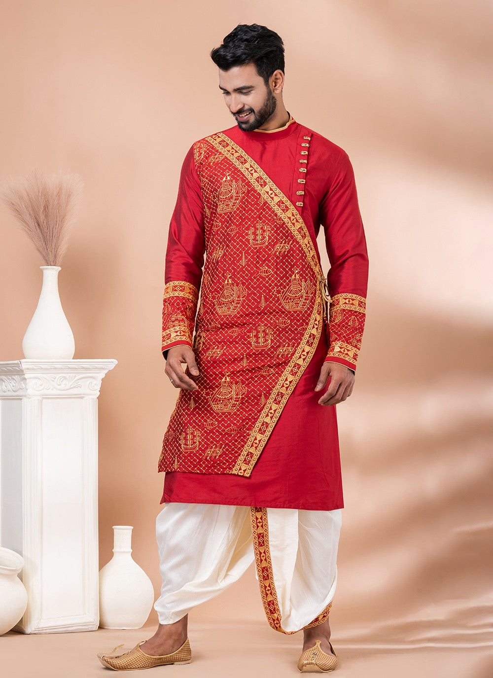 Embroidered Viscose Red Dhoti Kurta - M8290