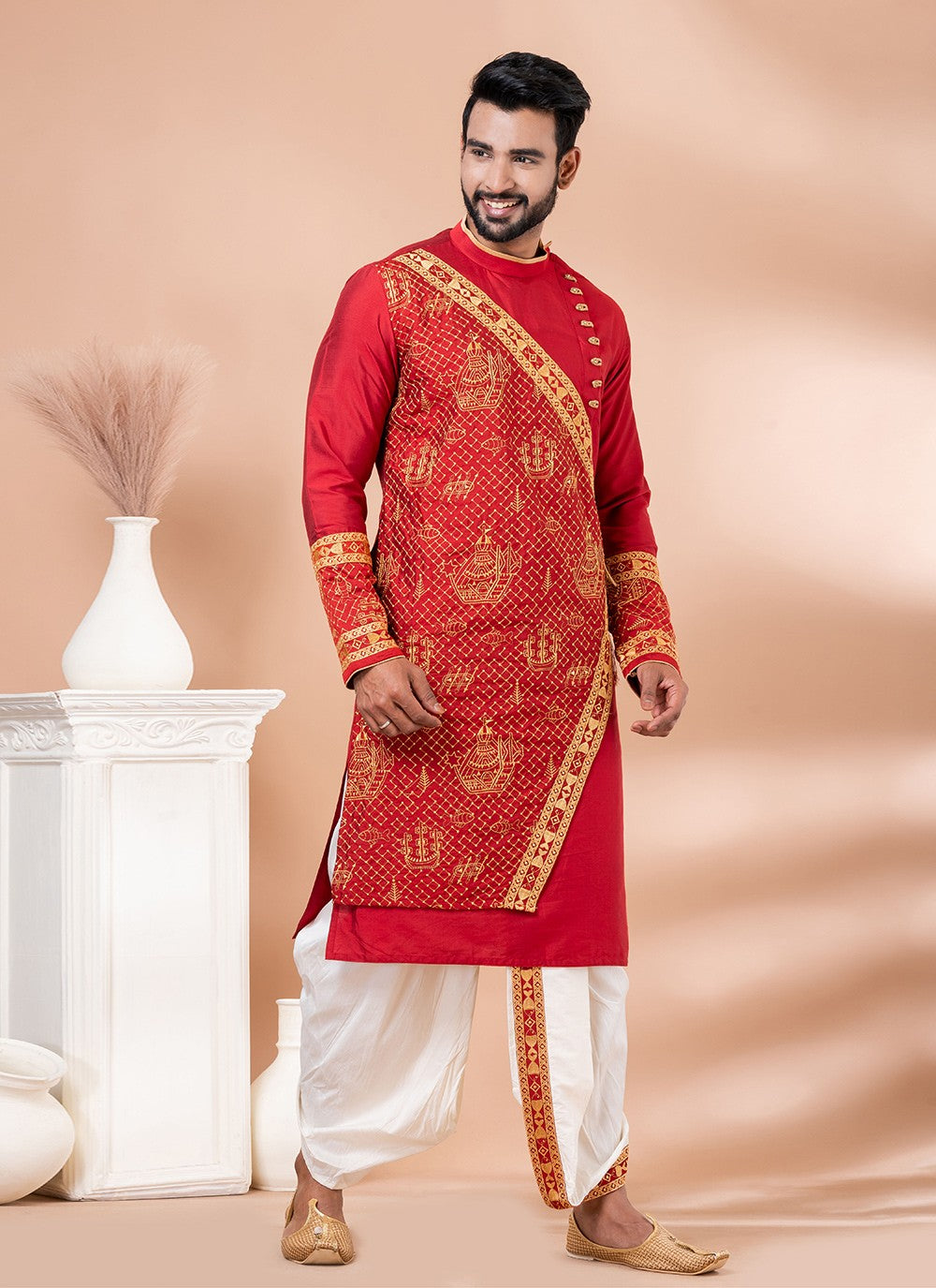 Embroidered Viscose Red Dhoti Kurta - M8290