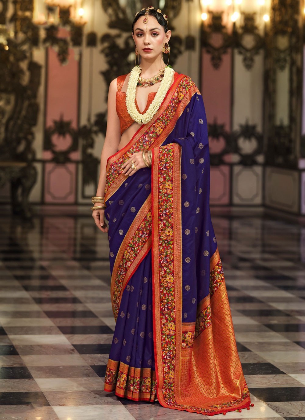 Designer Border Work Silk, Viscose Navy Blue Saree - S11026