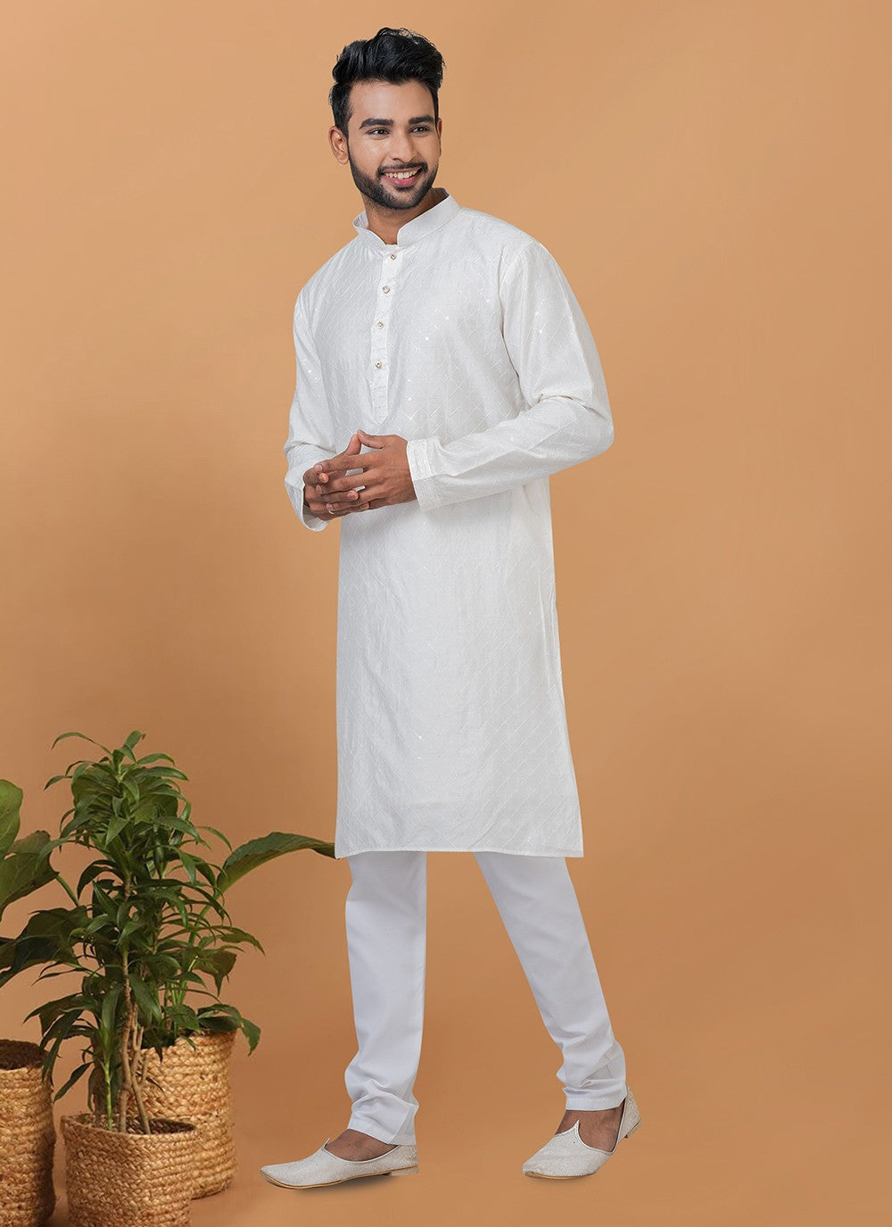 Embroidered Cotton , Viscose White Kurta Pyjama - M6355