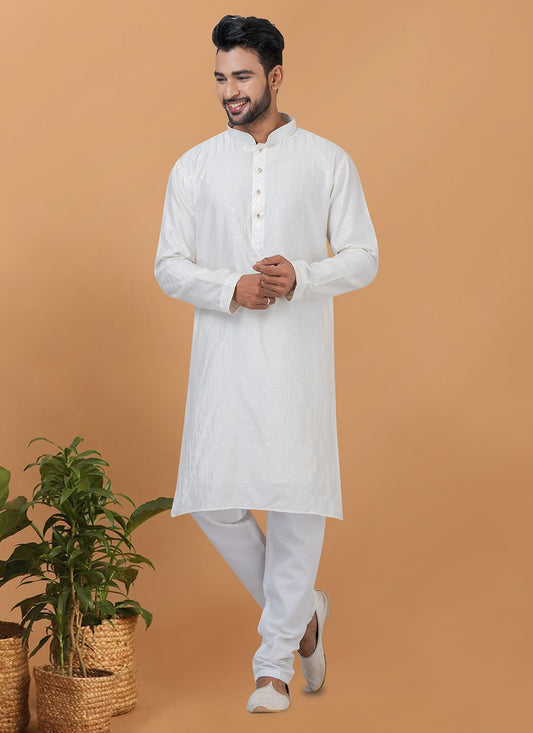 Embroidered Cotton , Viscose White Kurta Pyjama - M6355