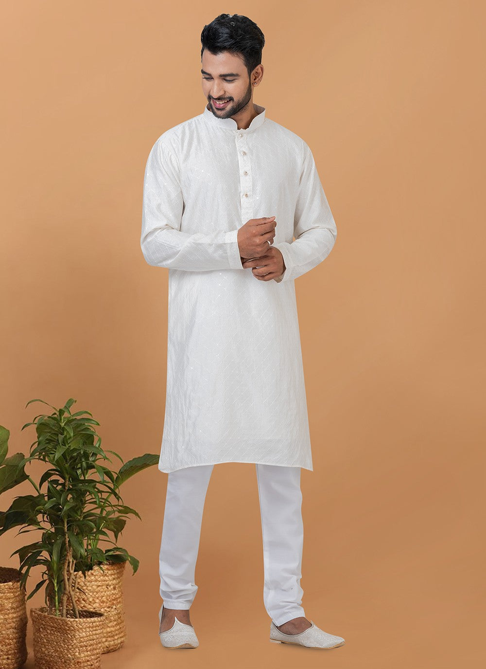 Embroidered Cotton , Viscose White Kurta Pyjama - M6355