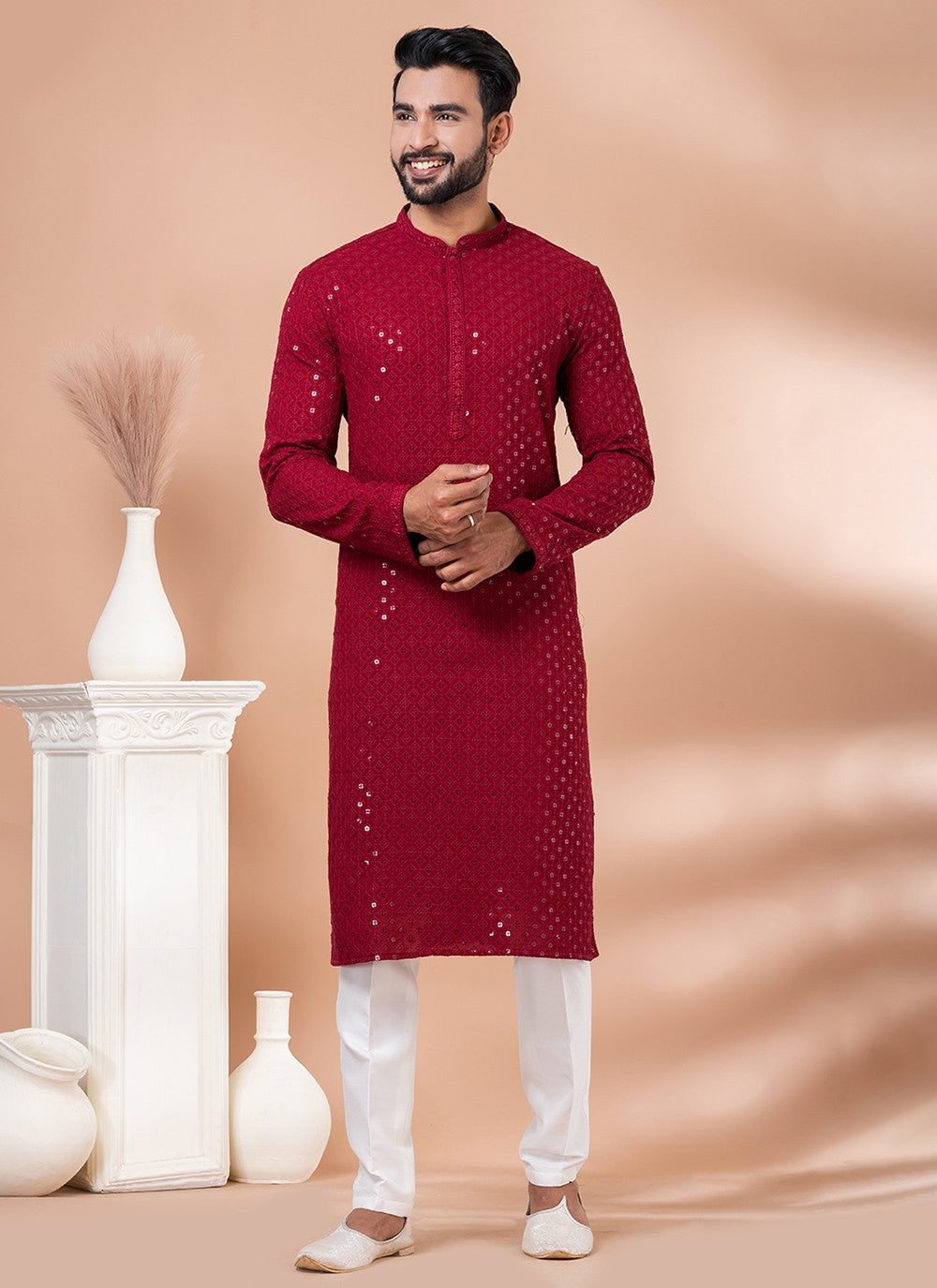 Embroidered Rayon, Viscose Red Kurta Pyjama - M7016